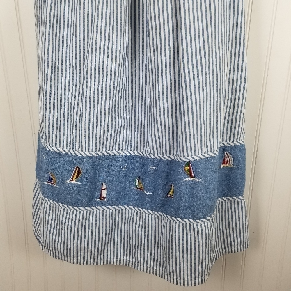 Striped Sailboat Embroidered Short Sleeve Light Denim Dress Summer Nautical S/XS - Picture 8 of 14